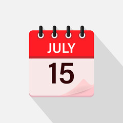 July 15, Calendar icon with shadow. Day, month. Flat vector illustration.