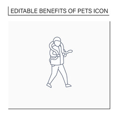 Pets benefits line icon.Keep snake on shoulders. Care, handle, feed. Animal caring concept. Isolated vector illustration.Editable stroke