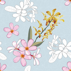 Seamless pattern floral with pink pastel Frangipani and Orchid flowers abstract background.Vector illustration hand drawn line art.for fabric pattern textile print design