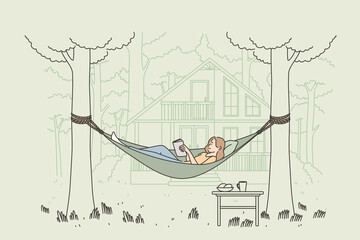 Relaxation, summer outdoor leisure concept. Happy girl cartoon character relaxing in backyard, lying in hammock and reading book vector illustration 