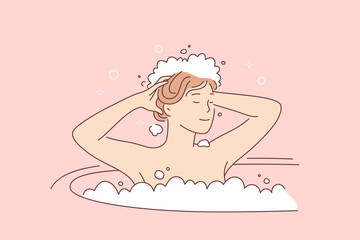 Hair care and hygiene concept. Young smiling woman cartoon character washing hair in bathroom with shampoo and bubble foam vector illustration 
