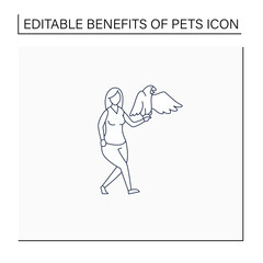 Pets benefits line icon.Woman have parrot. Communication. Reduce stress level. Companionship. Animal caring concept. Isolated vector illustration.Editable stroke