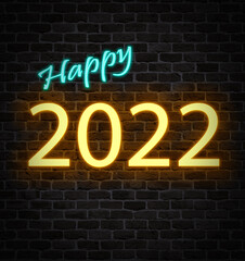 illuminated New Year 2022 neon marquee on dark brick background