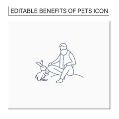 Fototapeta na wymiar Pets benefits line icon.Man pet rabbit. Reduce stress level. Companionship. Animal caring concept. Isolated vector illustration.Editable stroke