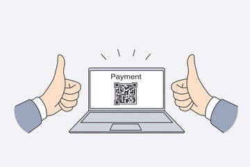 Electronic payment with qr code concept. Hands of man showing thumbs up sign with electronic payment and qr code for transaction on laptop screen vector illustration