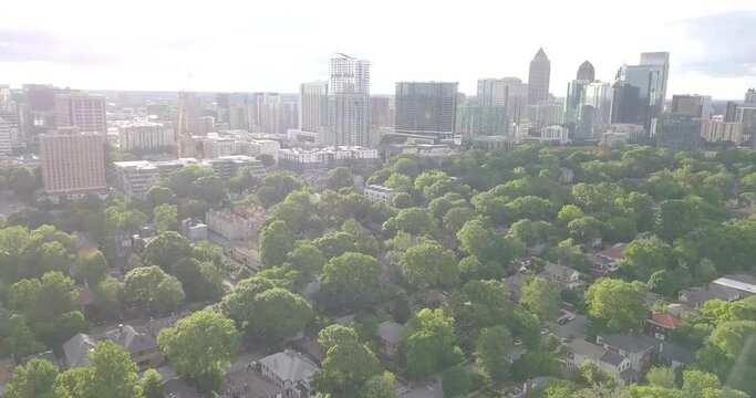 Cinematic Flight over West Atlanta Neighborhoods at Sunset