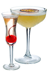 Glass of porn star martini on white background