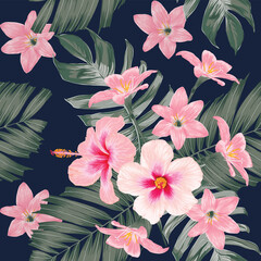 Seamless pattern floral with Hibiscus and lily flowers on isolated pink pastel background.Vector illustration hand drawn.For fabric pattern print design or product packaging.