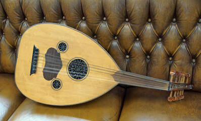 Closeup shot of a wooden oud on the sofa
