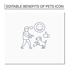 Pets benefits line icon. Dog play with boy. Positive emotions. Learn responsibility, compassion, empathy. Animal caring concept. Isolated vector illustration.Editable stroke