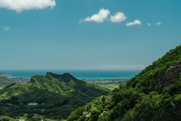 panoramic view of Oʻahu's windward side with views of Kāneʻohe, Kāneʻohe Bay, and Kailua....