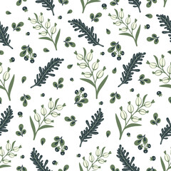 seamless pattern with forest herbs, berries, leaves, floral background with botanical elements, stylized vector graphics