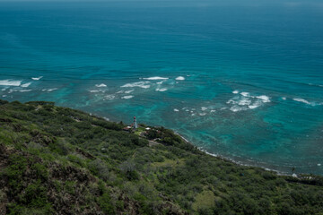 Ocean view from Summit of Diamond Head Crater, Honolulu, Oahu, Hawaii. Diamond Head is a volcanic...