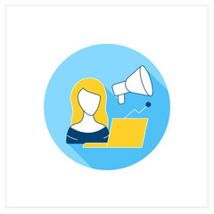 Marketologist flat icon. Sales specialist. Goods and services promotion. Girl works on a laptop. Workplace. Freelance professions concept. Vector illustration