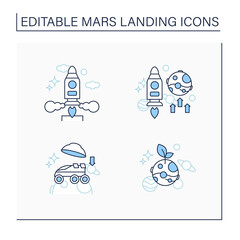 Mars landing line icons set. Uninhabited planet. Landing on surface, life on Mars, mission, launch rocket. Cosmos concept.Isolated vector illustrations. Editable stroke