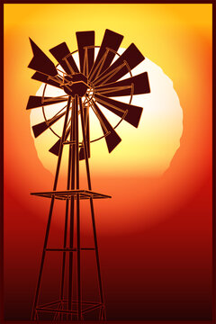 Farm windmill at sunset