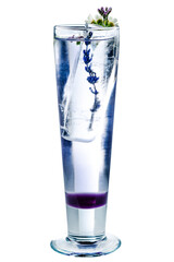 Pink Gin Tonic Cocktail with Purple Lavender and Ice in Glass