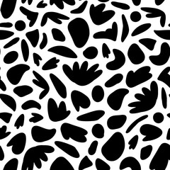 Abstract geometrical shapes seamless repeat pattern. Random placed, vector elements all over surface print on white background.