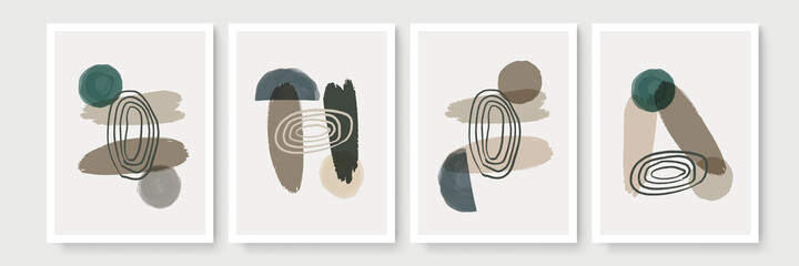 Mid Century Modern Design. A trendy set of Abstract Hand Painted Illustrations for Wall Decoration, Social Media Banner, Brochure Cover Design or Postcard Background. Aesthetic watercolor earth tone
