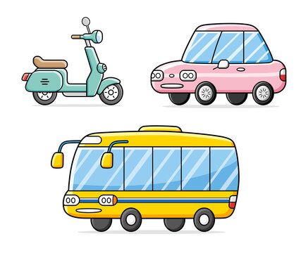 Motor scooter, car and bus isolated. City road transport set.