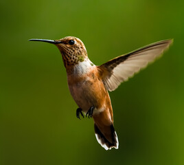 Fototapeta na wymiar colorful hummingbird in flight dark green blurred background