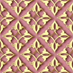 3d gold Baroque seamless pattern. Pink ornamental vector background. Luxury repeat Deco backdrop. Vintage golden Damask ornaments. Decorative design with flowers, shadows. For decoration, wallpapers