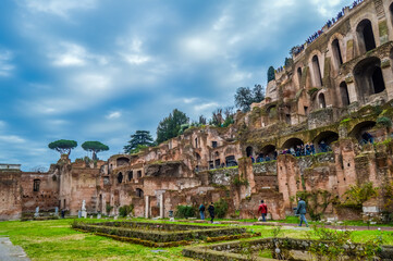 Ruins and debris of ancient and old Roman Forum in Rome Italy Europe