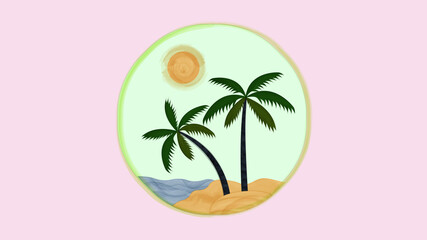 Fototapeta na wymiar Icon illustration of a palm tree on a sandy shore. Vector watercolor illustration of two palms on the sandy shore. Two palms in the middle of a circle. I