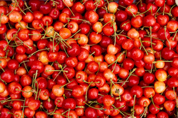 Sweet cherries, top view, background of fresh berries.