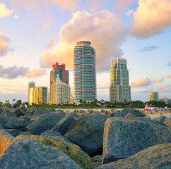 city skyline Miami Beach south pointe buildings real state clouds sky summer urban florida rocks vacation travel 