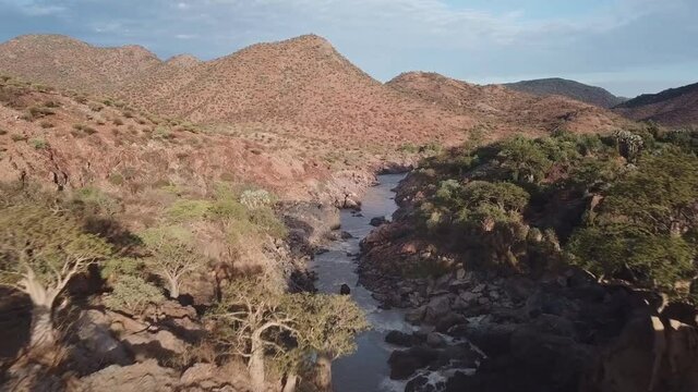 Aerial view of a small part of the Epupa falls on the border of Angola and Namibia.