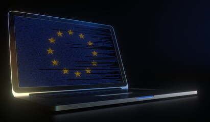Open laptop and computer code on the screen composing flag of the EU. Modern information technology related 3d rendering - obrazy, fototapety, plakaty