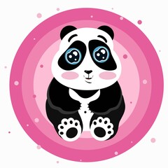 Cartoon black panda on white background with pink circle.Vector illustration. Funny card.Cute cartoon character. Isolated.Vector graphic.