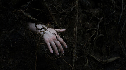 Human hand crawling out of the ground