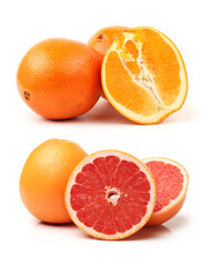 Fototapeta na wymiar Orange fruit and grapefruit with segments on a white background 
