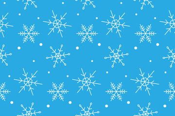 Seamless pattern of white snowflakes on a blue background. Christmas flat vector seamless pattern for christmas textiles, posters, banners, wrappers, wallpapers. Winter Christmas background.