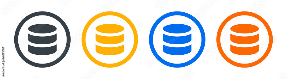 Poster Set of database icons on round button. Computing storage concept

