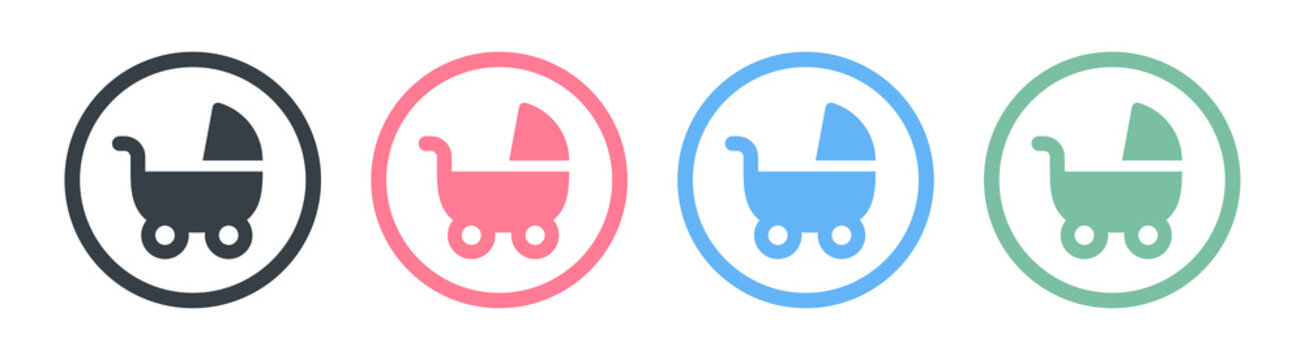Pram, stroller, baby carriage, cradle, pushchair or buggy icons set. Vector illustration