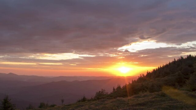 Beautiful sunrise in the Ukrainian carpathians in summer, timelapse
