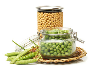 Fresh peas and dried soybean isolated on white background 