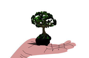 Illustration of Bonsai mini or mame bonsai lovers on a white background