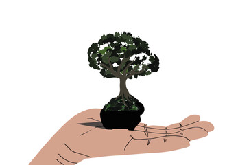 Illustration of Bonsai mini or mame bonsai lovers on a white background