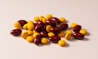 Brown and yellow pills on beige background.