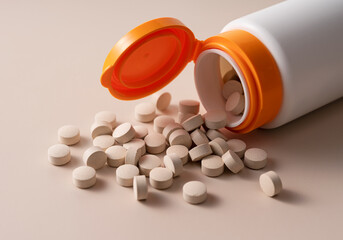 Pills spilling out of bottle on beige background.