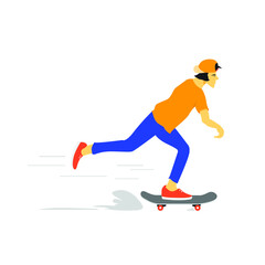 A young men running fast with his skateboard. Flat vector design character illustration with white background.
