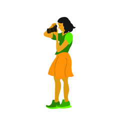 A young woman doing shots photography session. Flat vector design character illustration with white background.