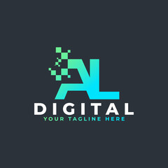 Obraz premium Tech Letter AL Logo. Blue and Green Geometric Shape with Square Pixel Dots. Usable for Business and Technology Logos. Design Ideas Template Element.