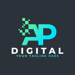 Tech Letter AP Logo. Blue and Green Geometric Shape with Square Pixel Dots. Usable for Business and Technology Logos. Design Ideas Template Element.