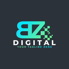 Tech Letter BZ Logo. Blue and Green Geometric Shape with Square Pixel Dots. Usable for Business and Technology Logos. Design Ideas Template Element.