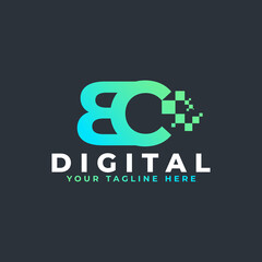 Tech Letter BC Logo. Blue and Green Geometric Shape with Square Pixel Dots. Usable for Business and Technology Logos. Design Ideas Template Element.